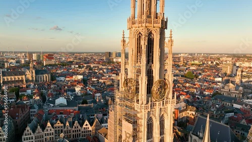 4K Aerial view of cityscape of Antwerp, gothic style landmark Cathedral of Our Lady Antwerp and historic center of city Belgium from above, Europe photo