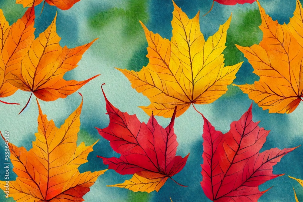 Fototapeta premium Watercolor autumn seamless pattern with hand drawn colorful leaves fall and red berries for textile phone cases and other decorations