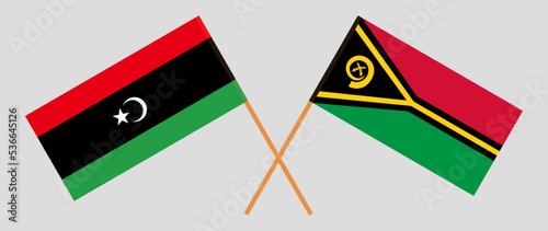 Crossed flags of Libya and Vanuatu. Official colors. Correct proportion