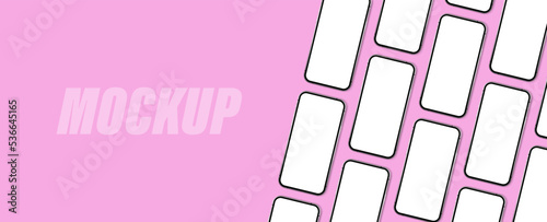 Banner white frontal smartphone on pink background. Top view of the lying 3D mobile phones mockups. A lot of A lot of Realistic smartphones with top view.  3D mobile phone presentation vector banner