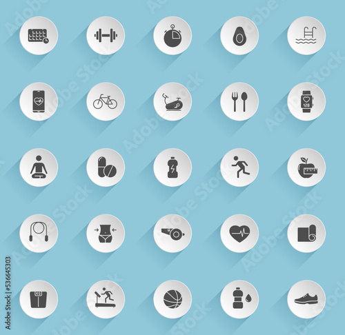 fitness vector icons on round puffy paper circles with transparent shadows on blue background. fitness stock vector icons for web, mobile and user interface design