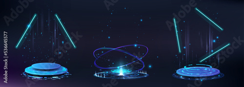 Neon and futuristic circle portals, stage, podium lab, hologram, magic teleport with fantastic effect. Cyberpunk 3D podium for presentation product. Tech lab 3D HUD hologram. Vector set neon portals
