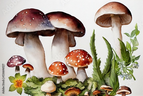 Hand painted watercolor mushrooms, wild vegetables and flowers