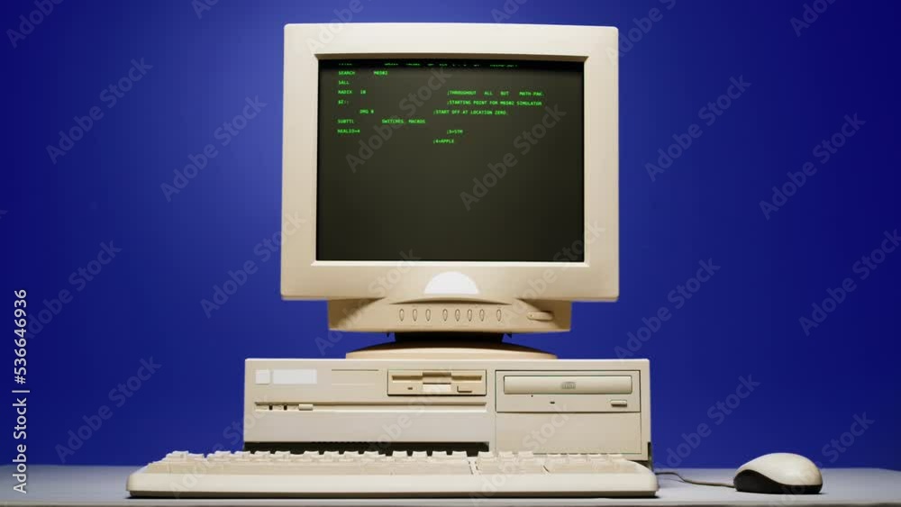 Retro pc with loading code console, programmer making scripts, green ...