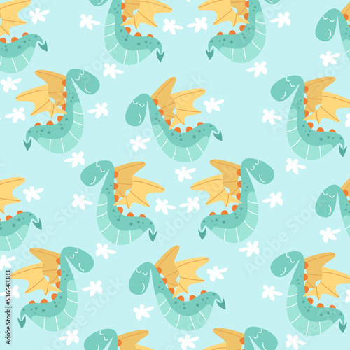 Seamless pattern with cute dragon animals perfect for wrapping paper