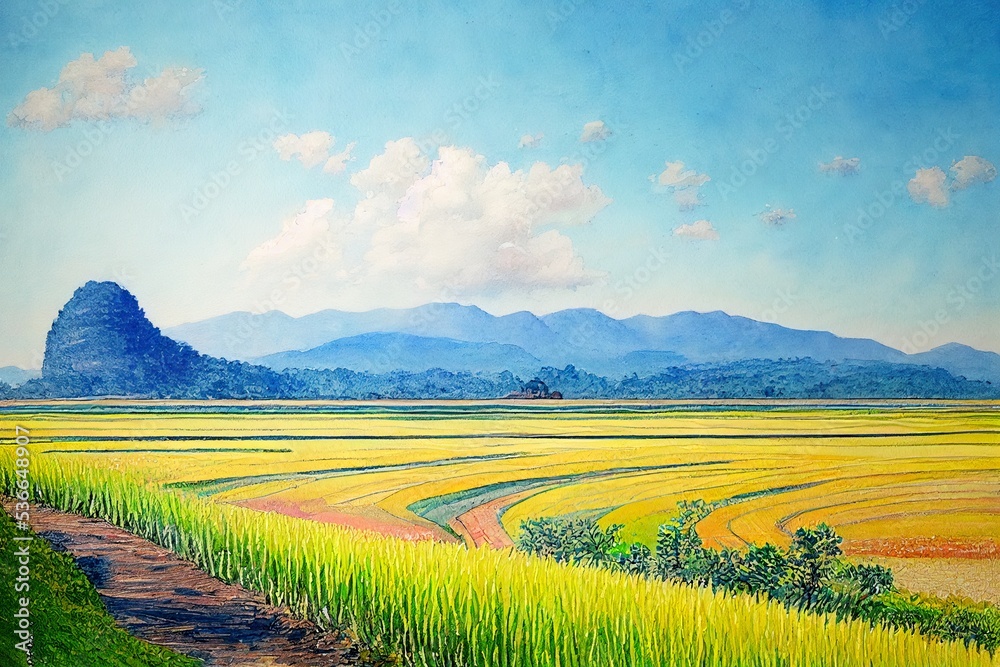 Obraz premium Watercolor landscape original paintings on paper colorful of rice field, farmer farm tractor with mountain and sky, cloud background. Hand painted beautiful nature spring season in Thailand.