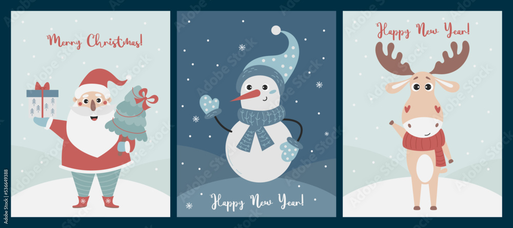 Merry Christmas greeting cards with Christmas characters Santa Claus with Christmas tree, snowman and cute deer. Vector vertical design templates. Xmas and New 2023 Year celebration preparation. Merry Christmas greeting cards with Christmas characters Santa Claus with Christmas tree, snowman and cute deer. Vector vertical design templates. Xmas and New 2023 Year celebration preparation.