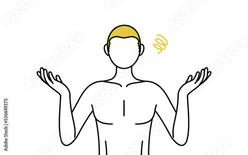 Line drawing of a man with epilated hair, pose in distress with arms outstretched