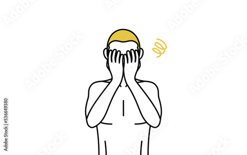 Line drawing of a man with epilated hair, depressed pose with his hands covering his face