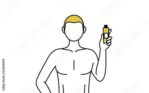 Line drawing of a man with epilated hair, holding a hair removal cream