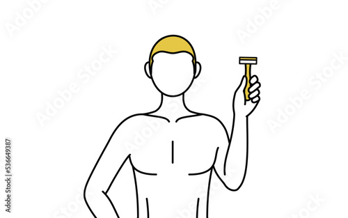 Line drawing of a man with epilated hair, holding a razor blade