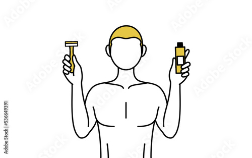 Line drawing of a man depilated, holding a razor blade and hair removal cream