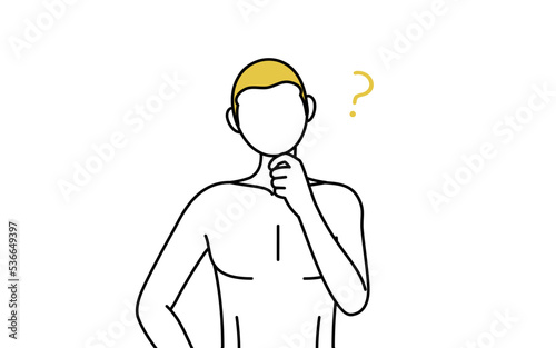 Line drawing of a man with epilated hair, pose of tilting his head and wondering