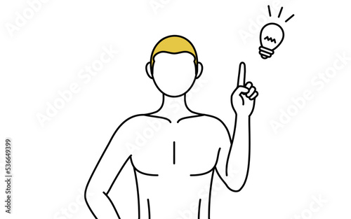 Line drawing of a man with epilated hair, pose of inspiration with pointing
