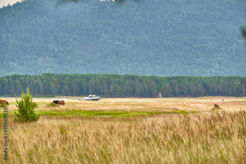 Barguzin Bay and the mountains of the Holy Nose peninsula of Lake Baikal in the Republic of Buryatia. photo