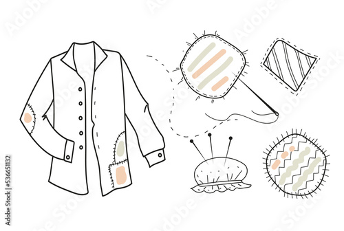 hand drawn doodle set cloth patches, sewing mending clothes