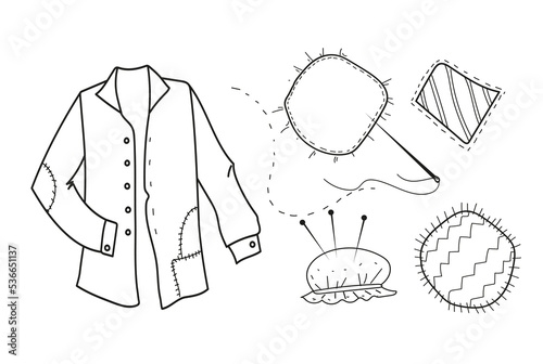 hand drawn doodle set cloth patches, sewing mending clothes