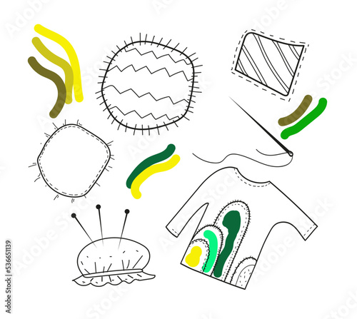 hand drawn doodle set cloth patches, sewing mending clothes