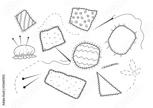  Mending clothes.Vector doodle hand drawn set of sewing cloth patches