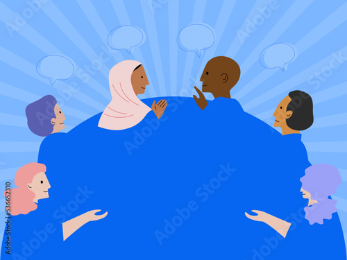 Background of talking people around the world, friendship and community concept. Flat vector illustration.