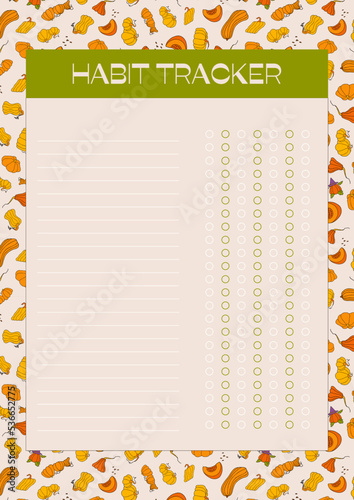 Autumn design template, hand drawn pumpkins, flat vector illustration, habit tracker, page for organizing routine