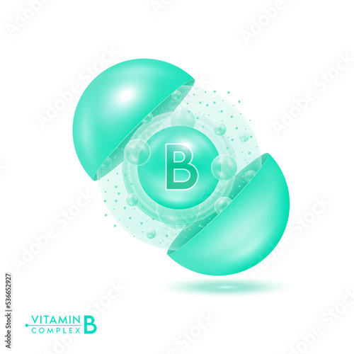 Vitamin B shining pill capsule. Skincare beauty treatment with vitamins complex with cholecalciferol. Green ball with bubbles isolated on white background. Cosmetic beauty product design vector. 