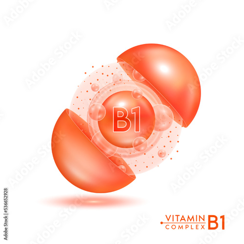 Vitamin B1 shining pill capsule. Skincare beauty treatment with vitamins complex with cholecalciferol. Orange ball with bubbles isolated on white background. Cosmetic beauty product design vector. 