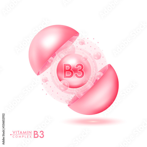 Vitamin B3 shining pill capsule. Skincare beauty treatment with vitamins complex with cholecalciferol. Pink ball with bubbles isolated on white background. Cosmetic beauty product design vector. 