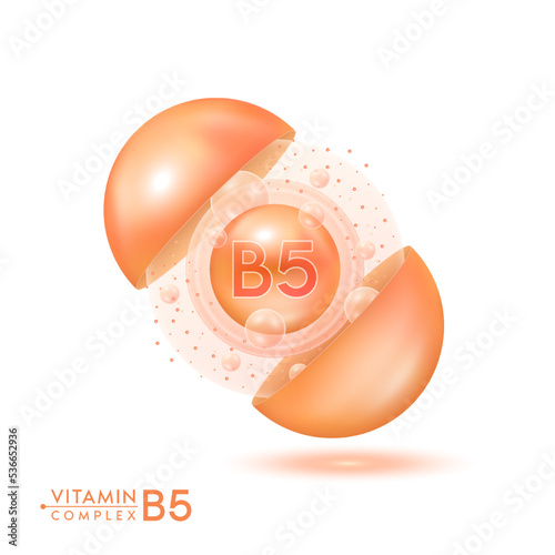 Vitamin B5 shining pill capsule. Skincare beauty treatment with vitamins complex with cholecalciferol. Orange ball with bubbles isolated on white background. Cosmetic beauty product design vector. 