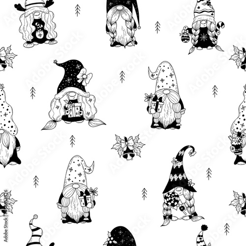 Christmas seamless pattern. New Years characters scandinavian gnome with gift and garden gnome girl with caramel and christmas ball on white background. Vector Linear Pattern, hand doodle style.