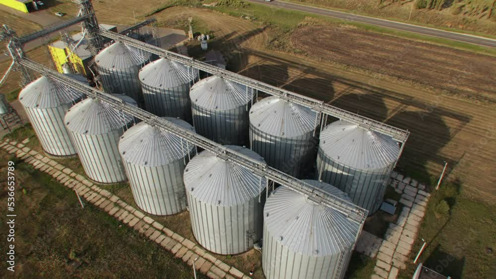 Grain storage in large slots aerial view, Cereal plants crop storage tanks Grain storage in large slots aerial view, Cereal plants crop storage tanks