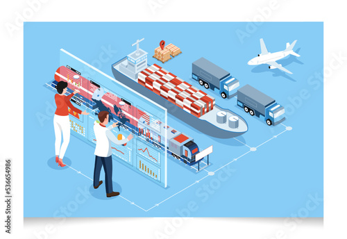 3D isometric Global logistics network concept with Transportation operation service, Export, Import, Cargo, Air, Road, Maritime delivery. Vector illustration EPS 10