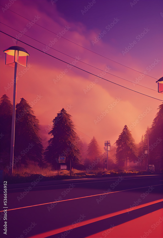 Country Road, raking light Landscape. Fantasy Comic Style. Illustration for Web, Book, Novel, Advertise, Game.