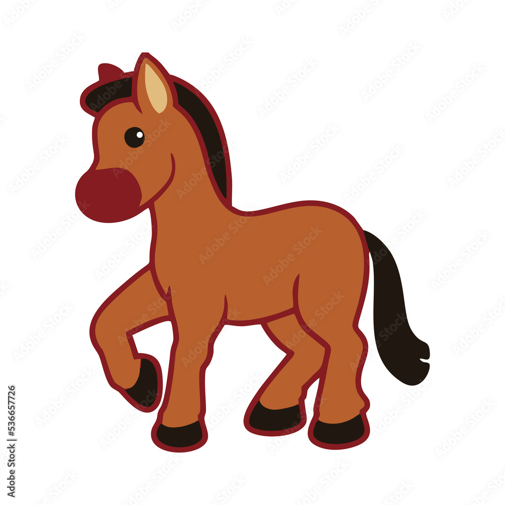 Illustration of cute brown horse. Vector illustration of a horse. Suitable for children's book design elements. Introduction of brown horse to children. Books or posters about animal