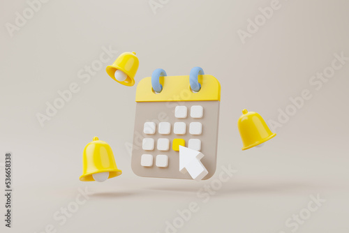 Yellow notification bell ringing and calendar deadline on brown background. 3d rendering illustration
