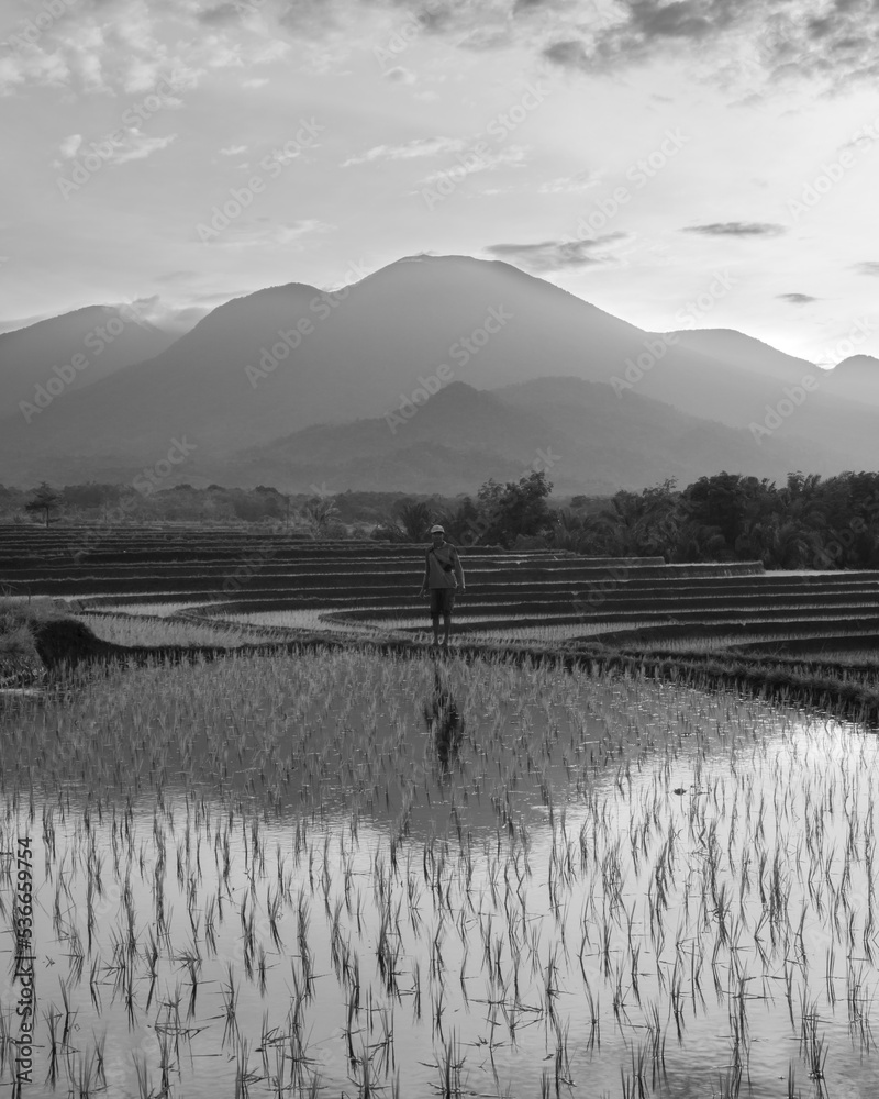 black and white photo with beautiful morning view in indonesia