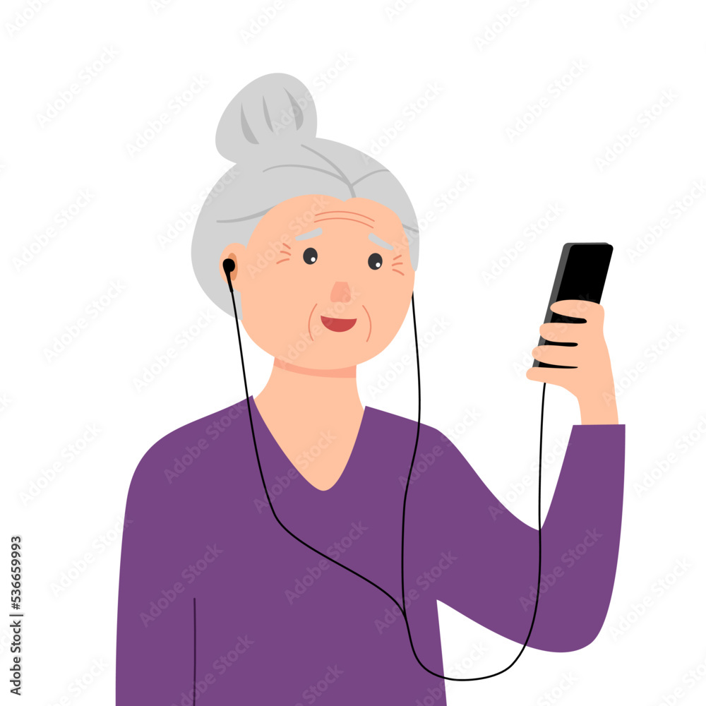 Senior woman making video call via smartphone in flat design on white background. Senior woman making video call via smartphone in flat design on white background.