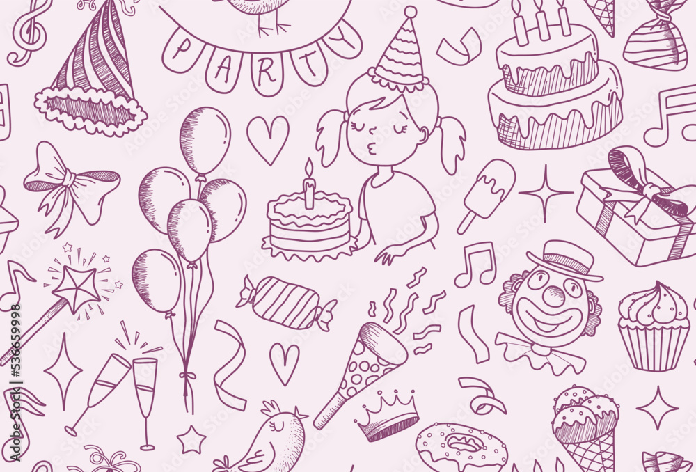 Happy birthday hand drawn seamless pattern. Vector illustration of hand drawn doodle birthday seamless pattern for wallpapers, wrapping, textile prints, backgrounds