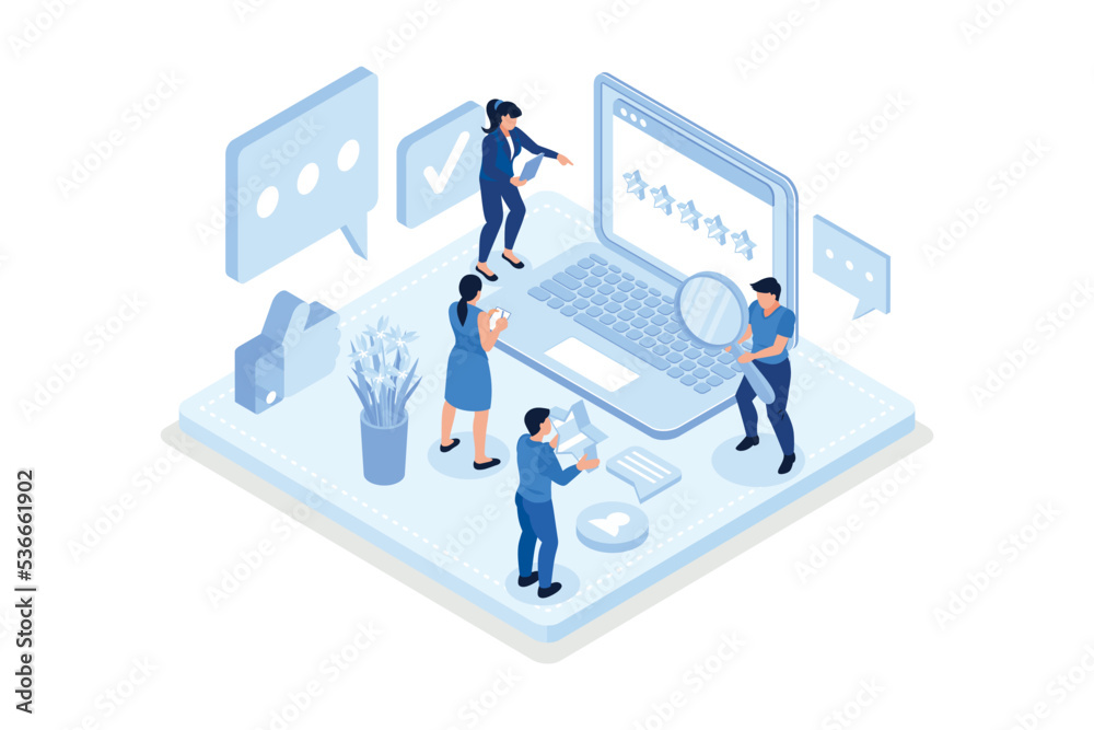 People Characters Giving Five Star Feedback. Clients Choosing Satisfaction Rating and Leaving Positive Review. Customer Service and User Experience Concept, isometric vector modern illustration