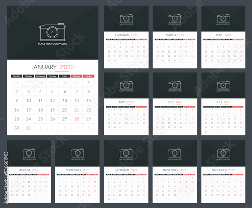 2023 Calendar template, week starts on Monday, a3 size, place for your photo