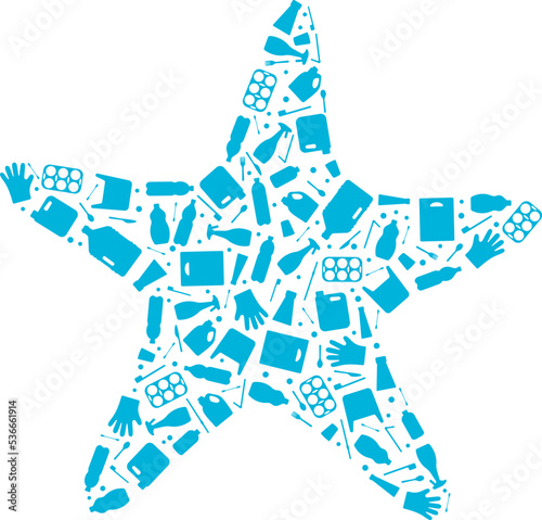 Stop ocean plastic pollution concept vector illustration. Starfish marine animal outline filled with plastic trash flat icons isolated on white background. Prevent ocean pollution ecology concept
