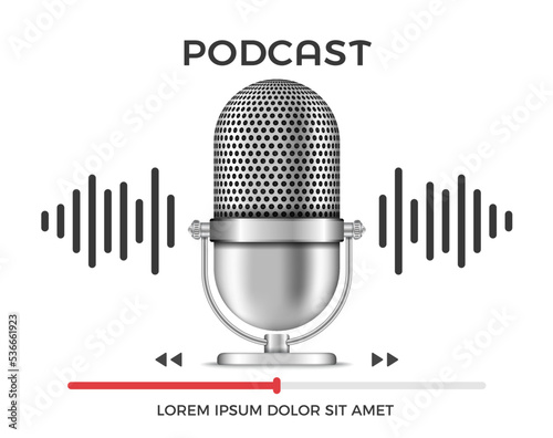 Podcast banner with microphone, sound wave and progress bar