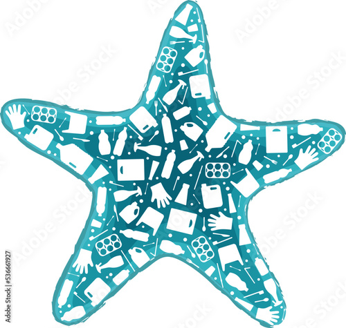 Starfish plastic waste ocean environment problem concept vector llustration. Marine animal silhouette filled with plastic garbage flat icons. Microplastic pollution problem, single use plastic crisis.