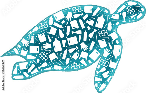 Turtle plastic waste ocean environment problem concept vector llustration. Marine animal silhouette filled with plastic garbage flat icons. Microplastic pollution problem, single use plastic crisis.