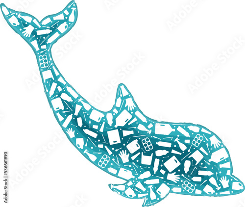 Dolphin plastic waste ocean environment problem concept vector llustration. Marine animal silhouette filled with plastic garbage flat icons. Microplastic pollution problem, single use plastic crisis.