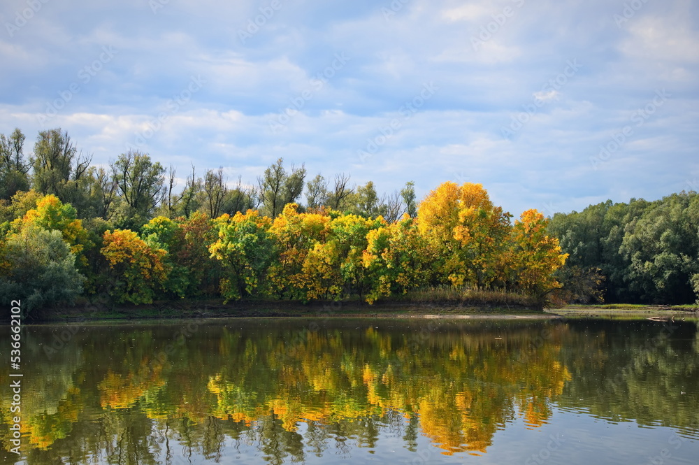 Autumn colored trees reflected in the still water Autumn colored trees reflected in the still water