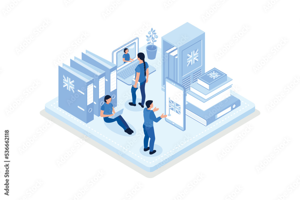 Students Learning English Language Online. People Characters Studying with Smartphone, Books and Practicing Reading, Listening and Speaking in English, isometric flat vector modern illustration Students Learning English Language Online. People Characters Studying with Smartphone, Books and Practicing Reading, Listening and Speaking in English, isometric flat vector modern illustration