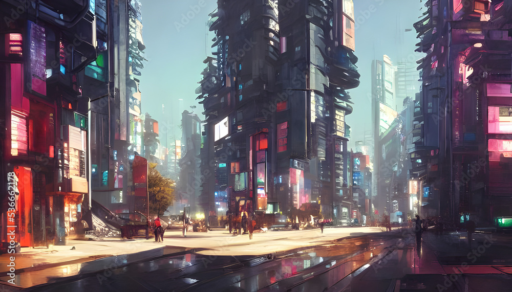 a cyberpunk city street with neonlights, bright sunlight at day and dark silhouettes of people, foggy air, cinematic light - game concept - oil panting - concept art - synthwave style