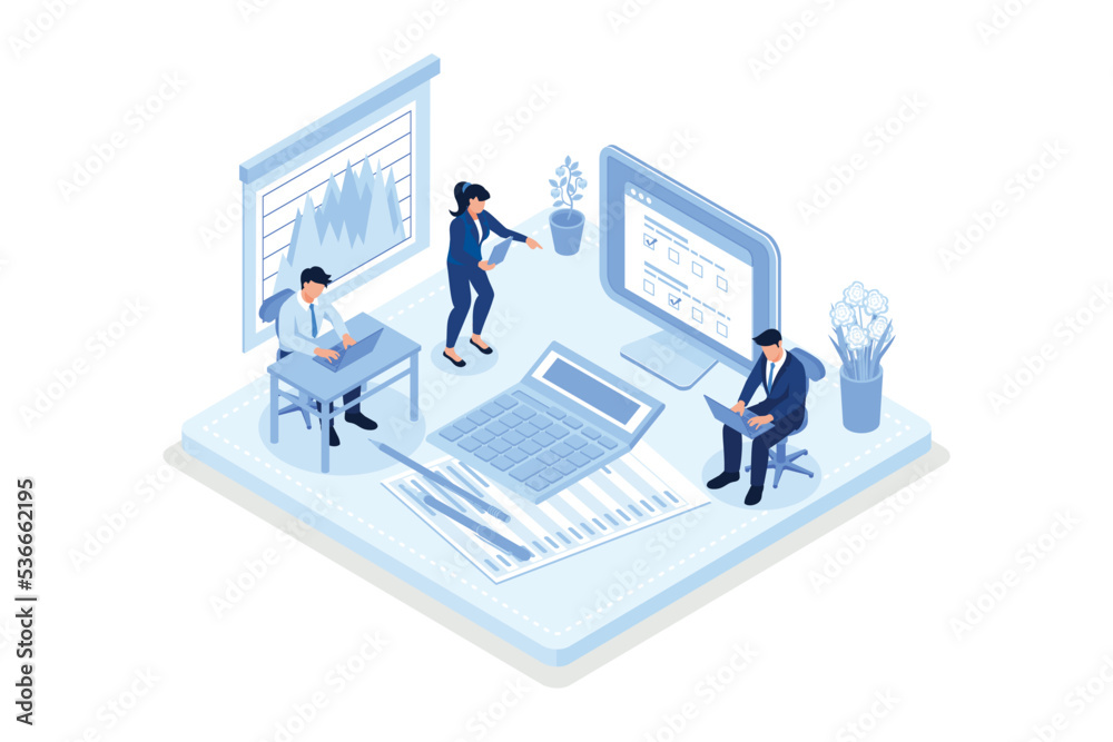 Financial advisor with client analyzing financial report. Man meeting accountant for advice. Business consultant at work, isometric flat vector modern illustration