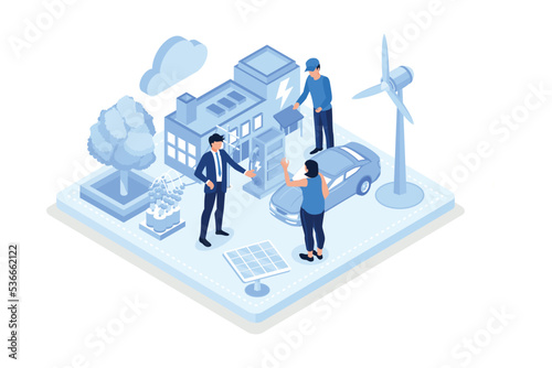 Smart Grid Technology with Renewable Energy. Wind Electricity Generators and Solar Panels Connected to Smart House and Electric Car. Sustainability and Eco Energy, isometric flat vector modern illustr